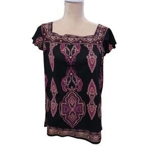 Womens Square Neck Cap Sleeve Paisley Medallion Print Blouse Black Purple Dark
